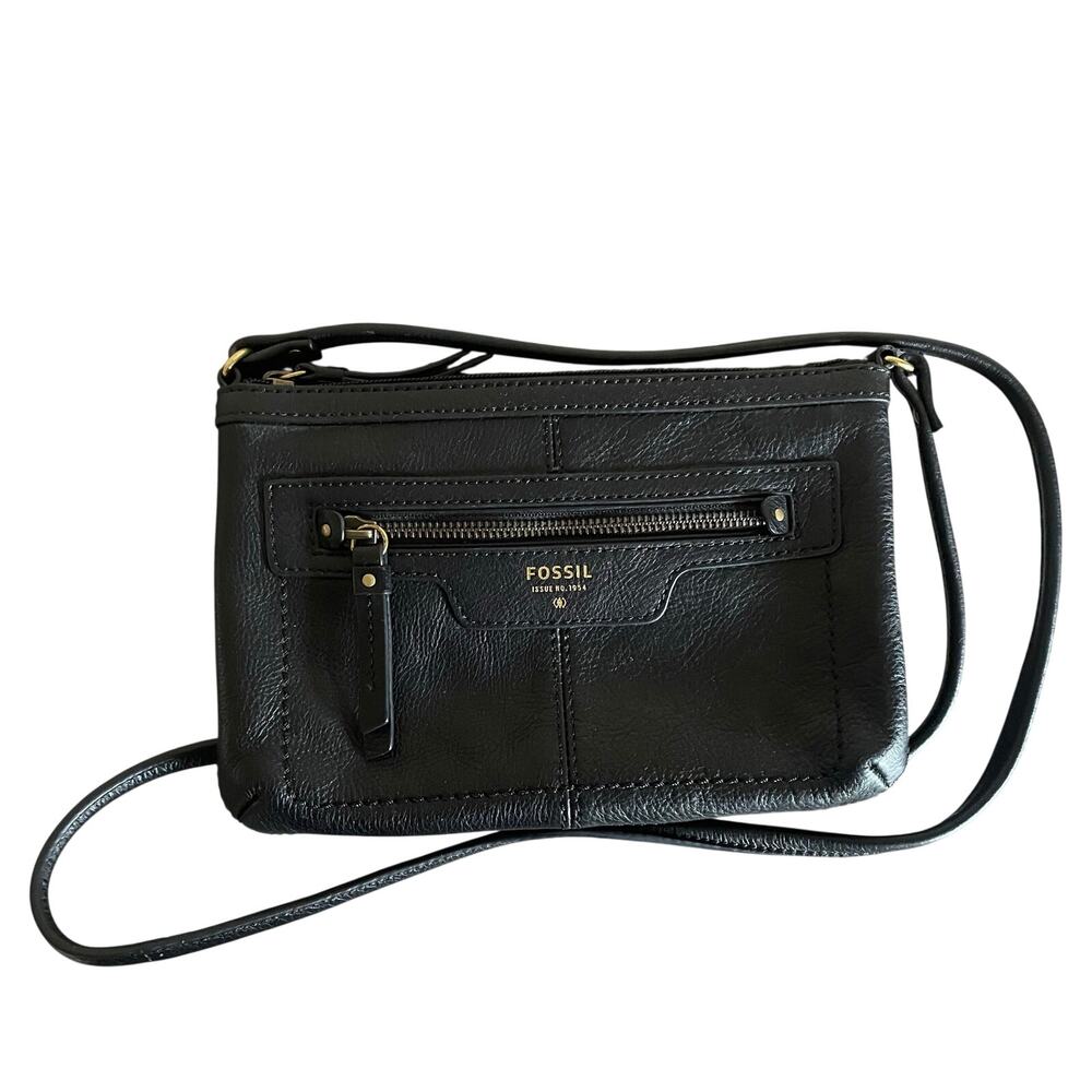 Vintage Fossil Black Pebbled Leather Crossbody Bag Y2K Messenger Purse